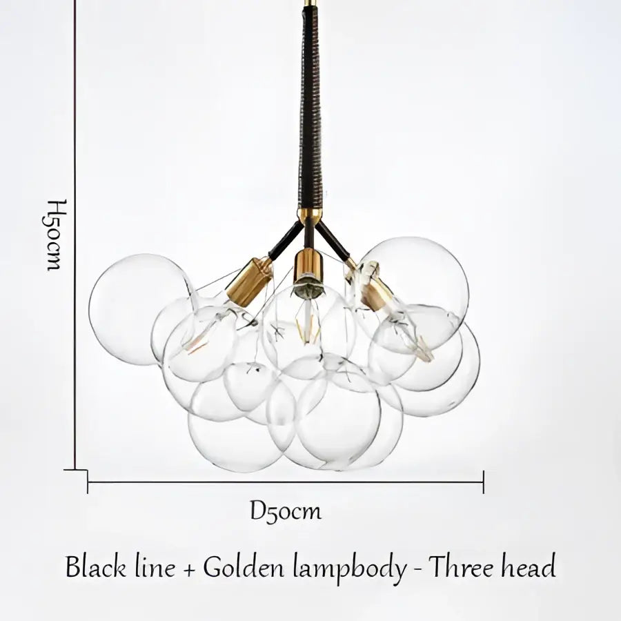 Modern brass bubble chandelier with black line and golden lampbody featuring three glass bubble heads for bedroom lighting decorbites bubble chandelier