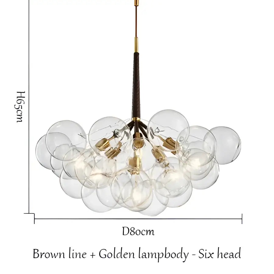 Modern brass bubble chandelier with six illuminated glass heads featuring brown line and golden lampbody decorbites bubble chandelier
