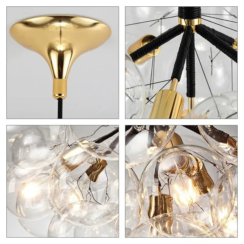 Modern brass bubble chandelier with gold-toned frame, clear glass globe bulbs, and black-wrapped arms for bedroom lighting decorbites bubble chandelier
