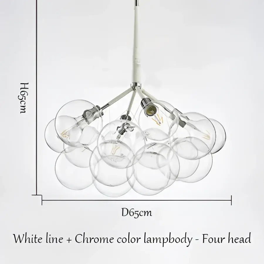 Modern brass bubble chandelier by decorbites with chrome lamp body and four clear glass globes for bedroom lighting