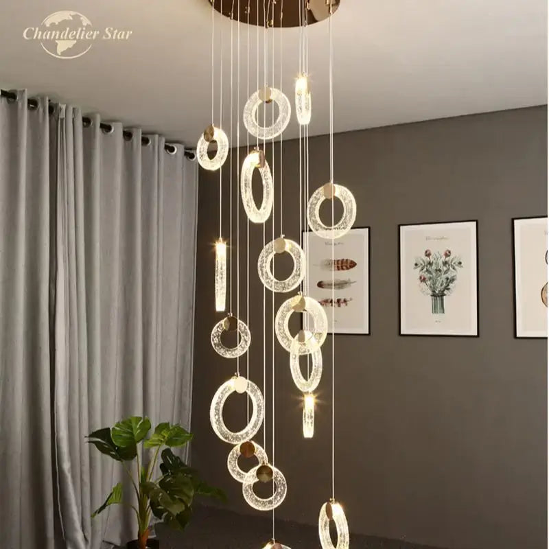 Modern brass bubble crystal led chandelier with cascading rings vertical rods and gold-toned ceiling mount for bedroom decorbites bubble crystal lighting