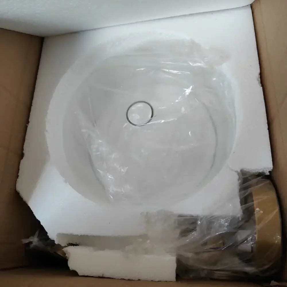 Modern brass bucket glass pendant lamp with white ceramic undermount sink in protective foam packaging for decorbites bucket glass decor