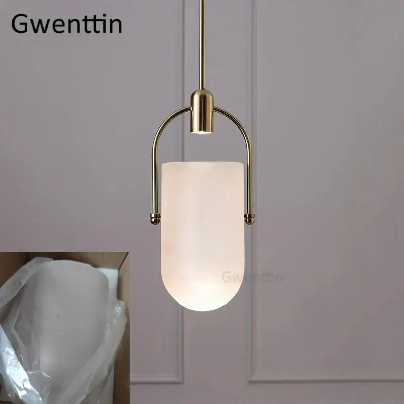 Modern brass bucket glass pendant lamp with gold-toned metal and frosted white shade for dining room decorbites bucket glass