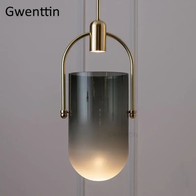 Modern brass bucket glass pendant lamp with gray to white cylindrical glass shade for dining room decorbites bucket glass