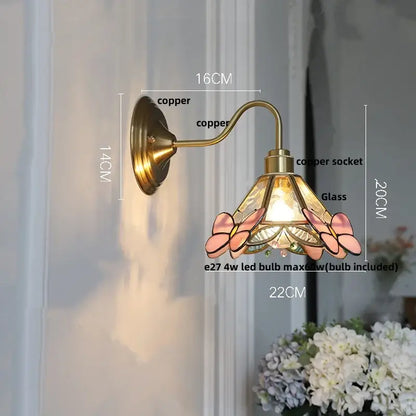 Modern brass butterfly wall sconce with vintage copper and pink stained glass shade for bedroom decorbites clear glass decor