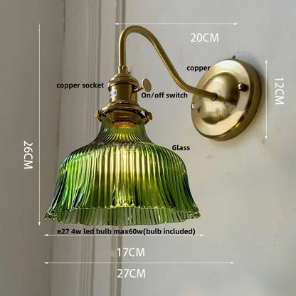 Vintage-style wall sconce with green ribbed glass shade and brass copper finish for decorbites clear glass lighting
