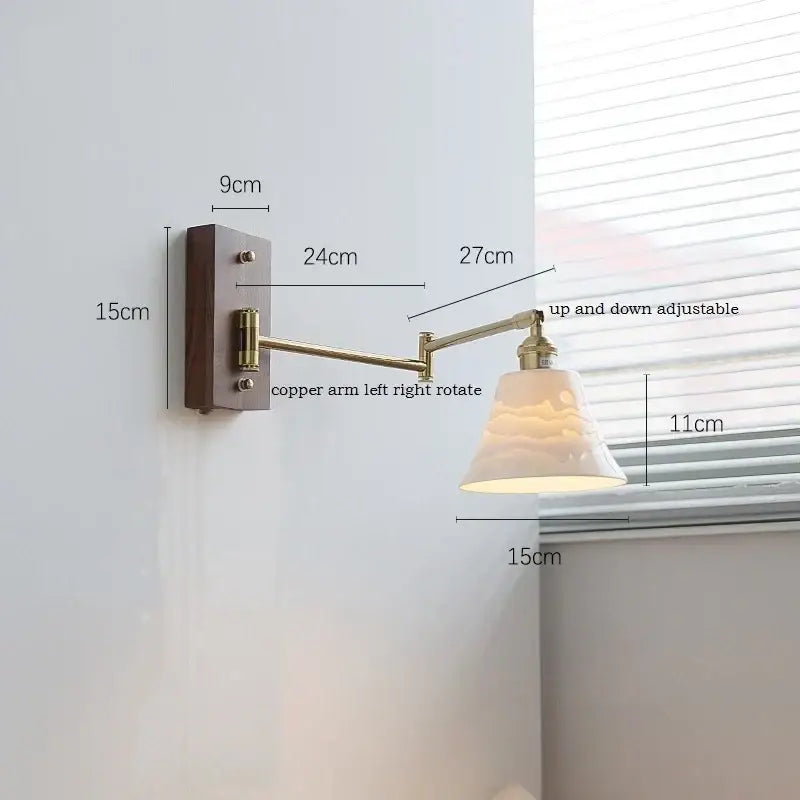 Adjustable copper-arm wall light with warm translucent glass shade and modern brass canopy led wall design for bedroom decorbites canopy led