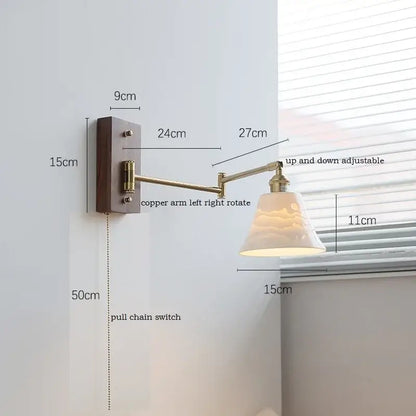 Adjustable copper-arm wall light with cream glass shade and brass canopy led wall light for bedroom decorbites canopy led