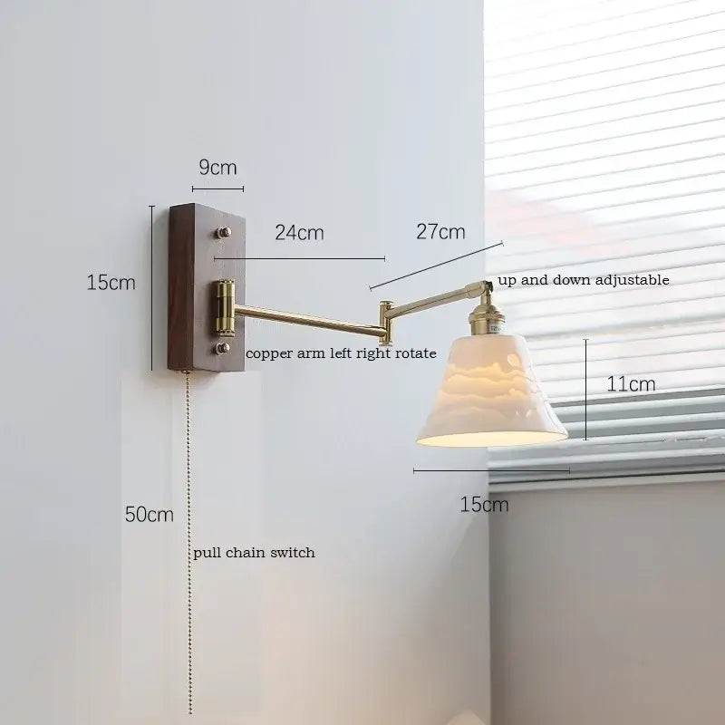 Adjustable copper-arm wall light with cream glass shade and brass canopy led wall light for bedroom decorbites canopy led