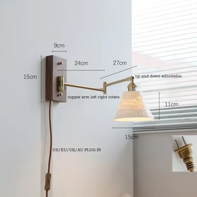 Adjustable copper-arm wall light with cream glass shade and brass canopy led wall light for bedroom decorbites canopy led