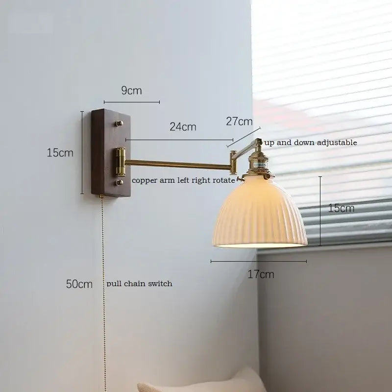 Adjustable copper-arm wall light with ribbed off-white glass shade modern brass decorbites canopy led wall light