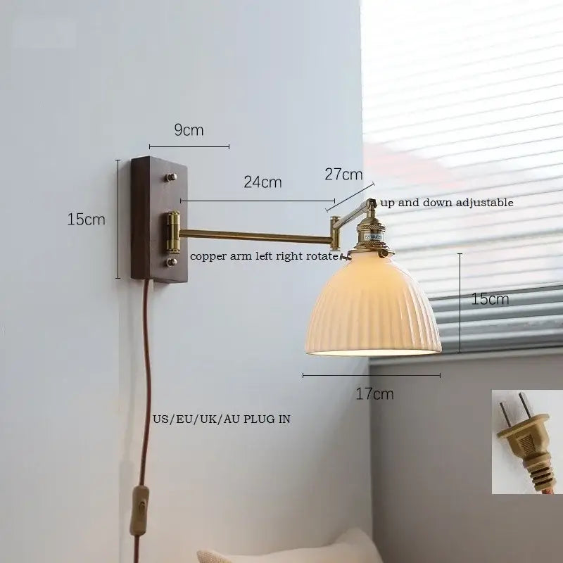Adjustable modern brass canopy led wall light with ribbed off-white glass shade and pull chain switch for bedroom decorbites wall light
