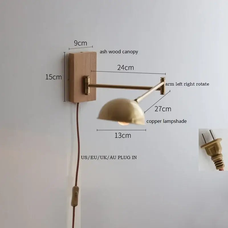 Modern brass canopy led wall light with copper dome lampshade featuring warm metallic finish for bedroom decorbites canopy led