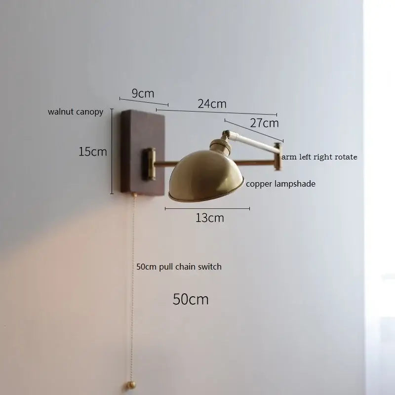 Copper lampshade wall light with walnut canopy and adjustable arm featuring decorbites canopy led bedroom pull chain switch