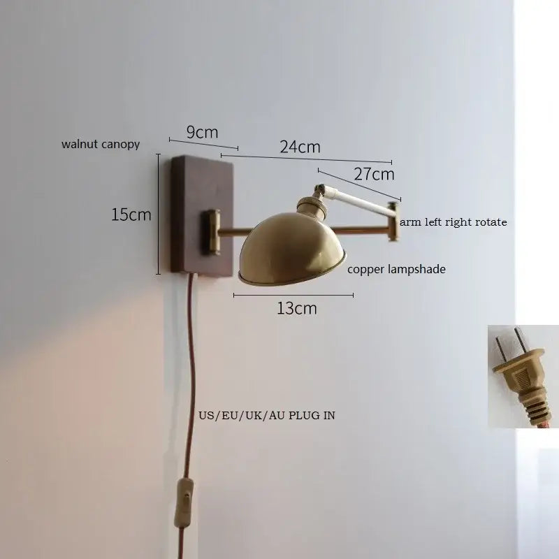 Copper lampshade wall light with walnut canopy and adjustable arm featuring decorbites canopy led for bedroom use