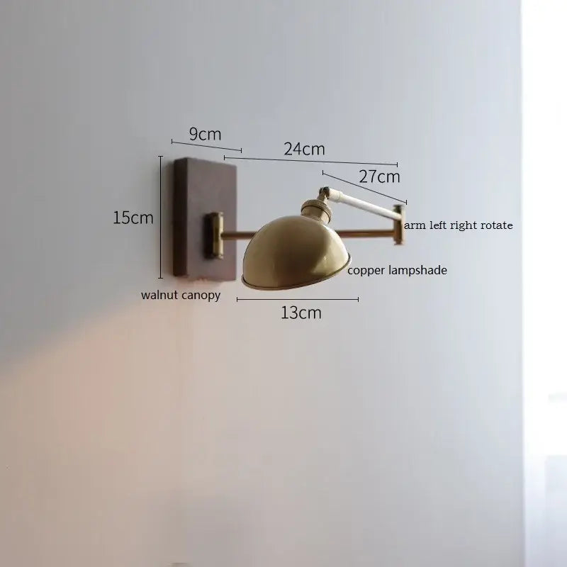 Modern brass canopy led wall light with copper lampshade, walnut canopy, and adjustable arm for stylish wall light decorbites canopy led use