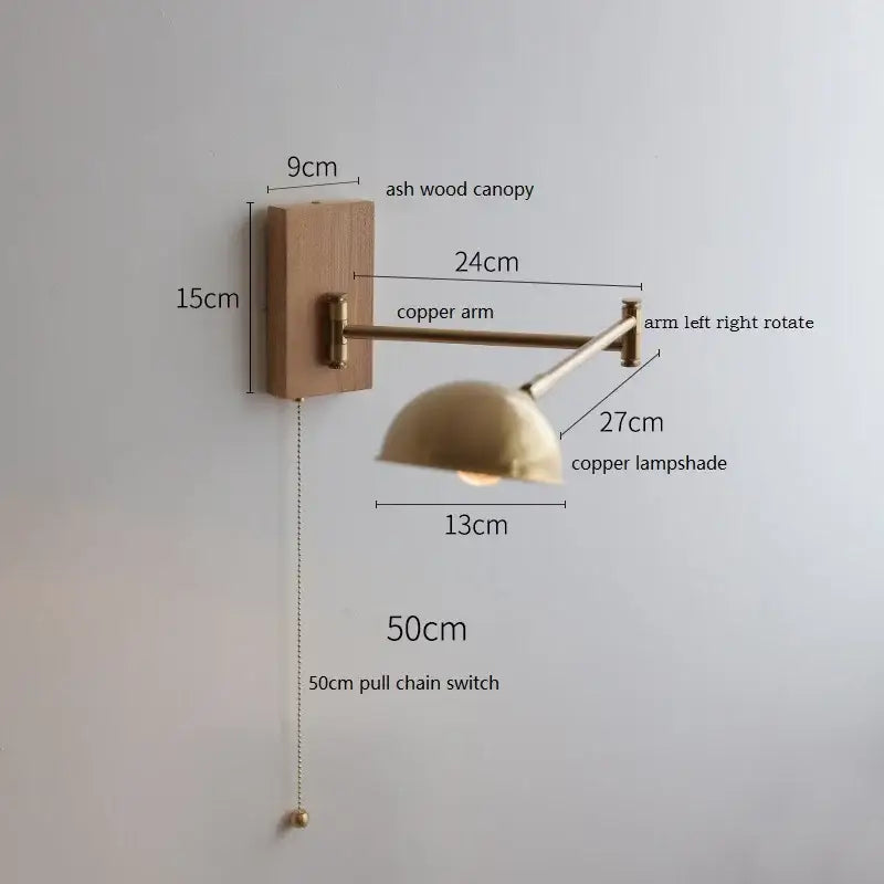 Copper wall light with matte ash wood canopy and adjustable arm from decorbites canopy led wall collection for bedroom use