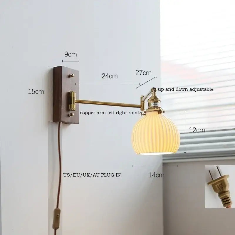 Modern brass canopy led wall light with adjustable copper arm and ribbed cream glass shade for bedroom decorbites canopy led