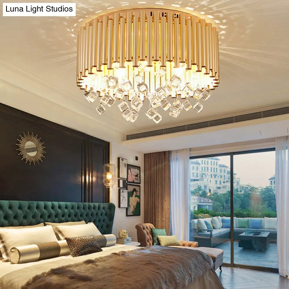 DecorBites™ DecorBites™ Modern Brass Ceiling Lamp with Metal Flute Shade and Crystal Drop - Drum Flush Light (4/5 Lights) - 16"/19.5" Dia