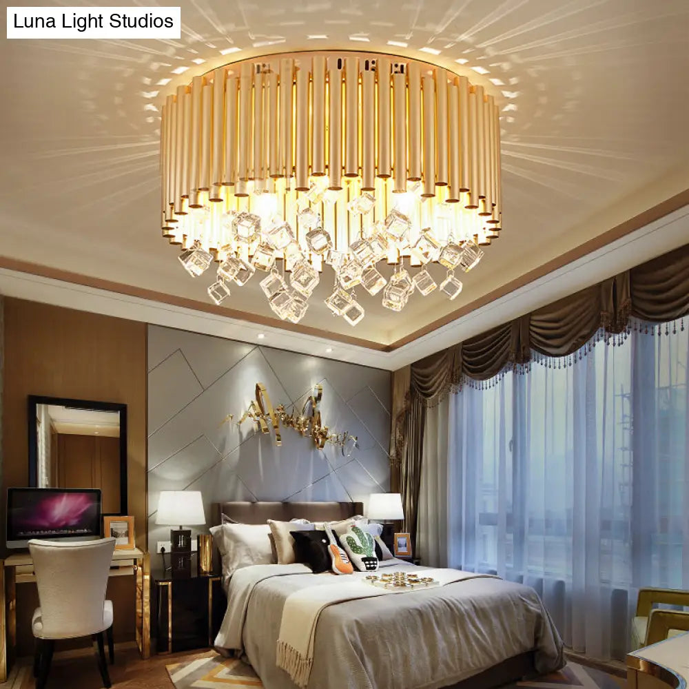 DecorBites™ DecorBites™ Modern Brass Ceiling Lamp with Metal Flute Shade and Crystal Drop - Drum Flush Light (4/5 Lights) - 16"/19.5" Dia
