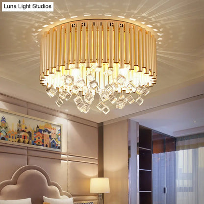 DecorBites™ DecorBites™ Modern Brass Ceiling Lamp with Metal Flute Shade and Crystal Drop - Drum Flush Light (4/5 Lights) - 16"/19.5" Dia