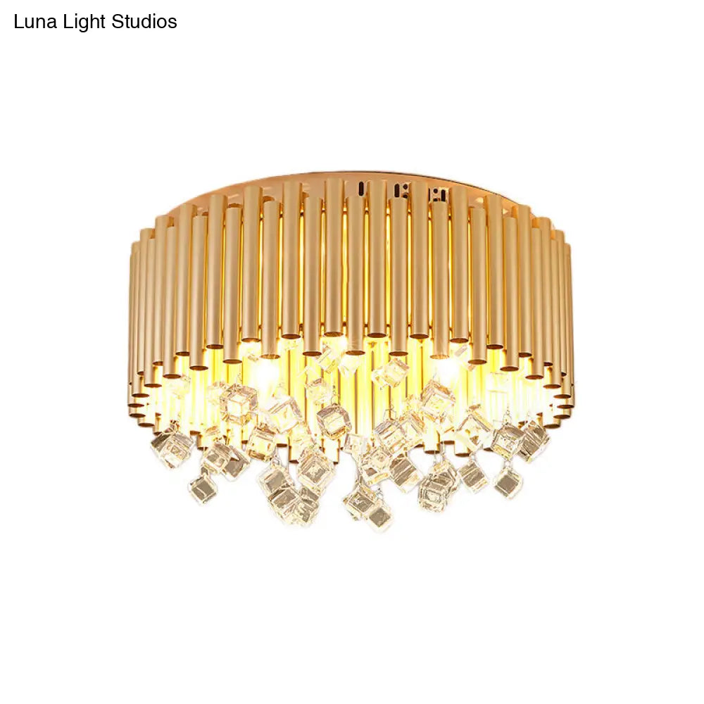 DecorBites™ DecorBites™ Modern Brass Ceiling Lamp with Metal Flute Shade and Crystal Drop - Drum Flush Light (4/5 Lights) - 16"/19.5" Dia