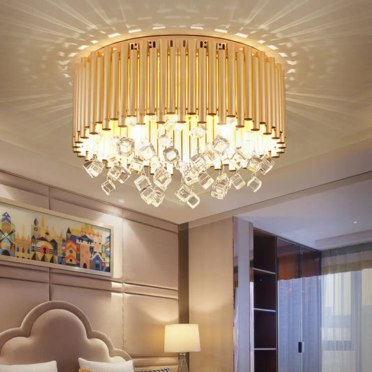 DecorBites™ DecorBites™ Modern Brass Ceiling Lamp with Metal Flute Shade and Crystal Drop - Drum Flush Light (4/5 Lights) - 16"/19.5" Dia