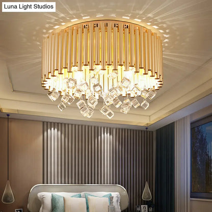 DecorBites™ DecorBites™ Modern Brass Ceiling Lamp with Metal Flute Shade and Crystal Drop - Drum Flush Light (4/5 Lights) - 16"/19.5" Dia