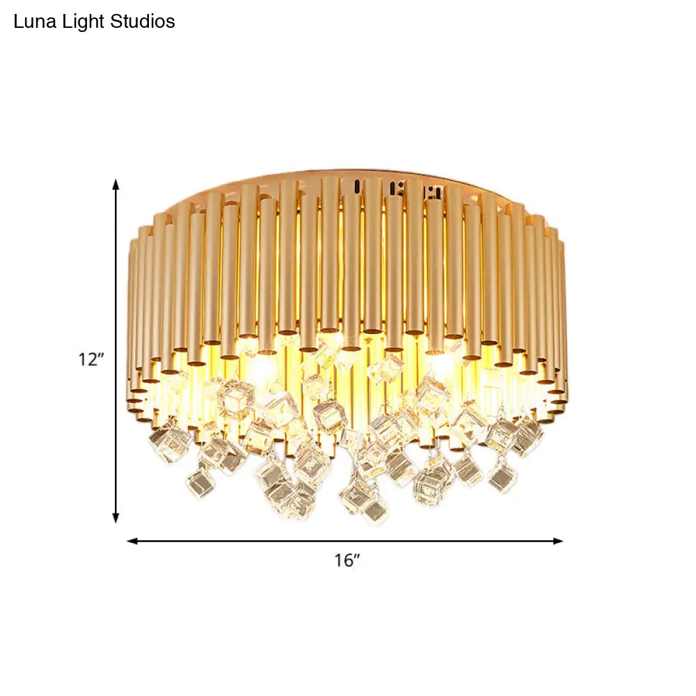 DecorBites™ DecorBites™ Modern Brass Ceiling Lamp with Metal Flute Shade and Crystal Drop - Drum Flush Light (4/5 Lights) - 16"/19.5" Dia