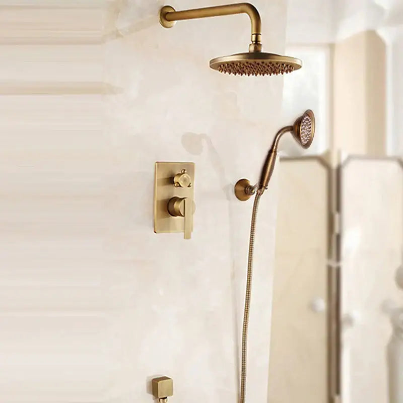 Modern brass concealed 3 way shower mixer set with brass finished circular shower head and handheld sprayer for decorbites brass showering experience