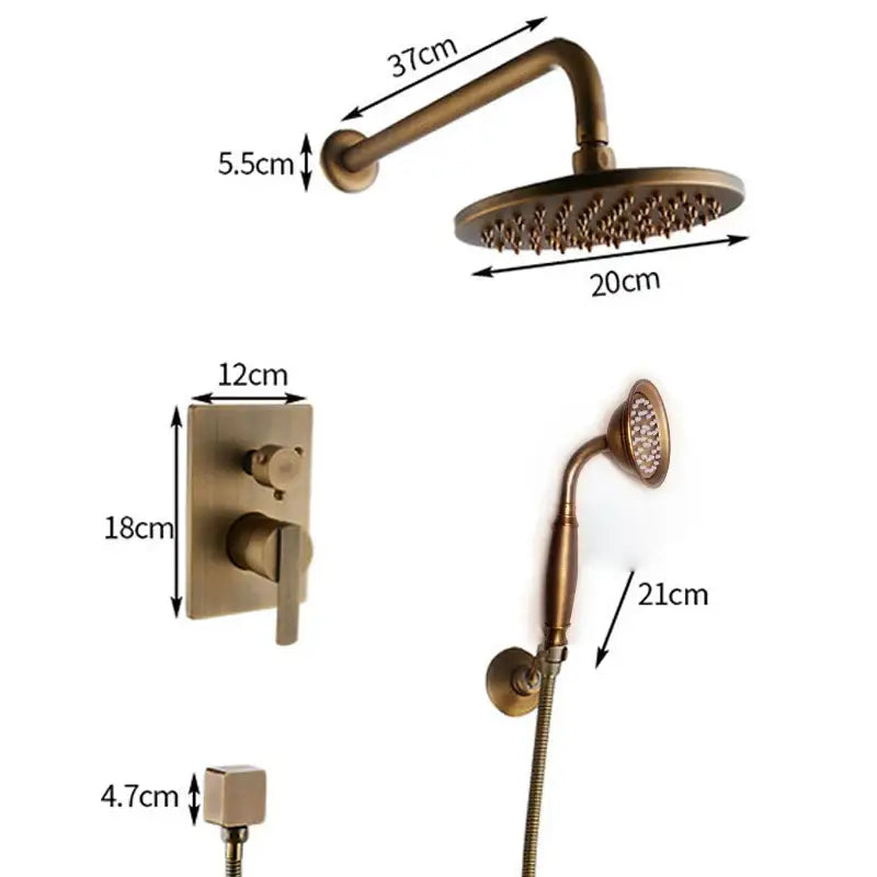 Antique brass-finished decorbites brass concealed 3 way shower mixer set with 20cm round rainhead and handheld sprayer
