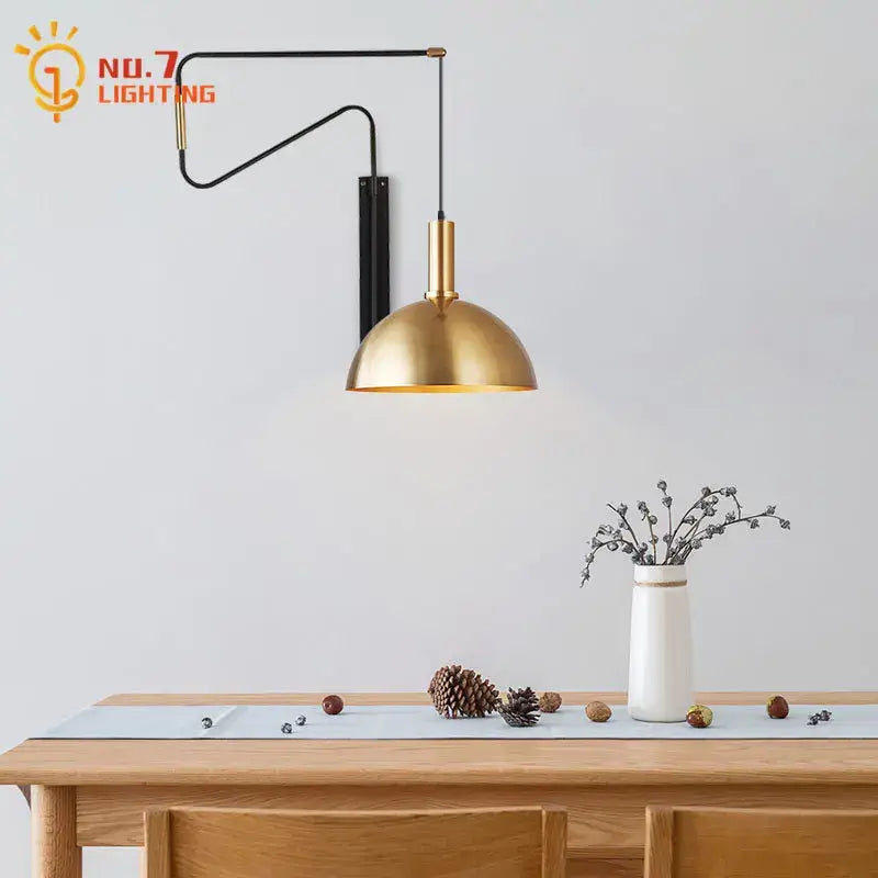 Modern brass copper adjustable wall lamp with gold-toned dome pendant and black articulated arm for living room decorbites copper adjustable wall