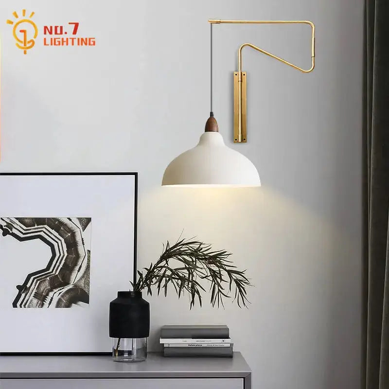 A sleek white ceramic wall lamp with a brass arm and wooden accent from decorbites copper adjustable collection