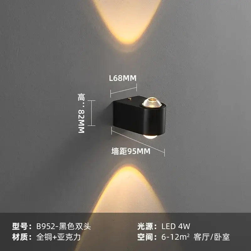 Modern brass copper led wall lamp featuring a black dual-head copper led wall design with warm angular v-shape light decorbites copper led