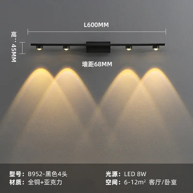 Modern brass copper led wall lamp with black matte finish, four adjustable spotlights, and decorbites copper led design