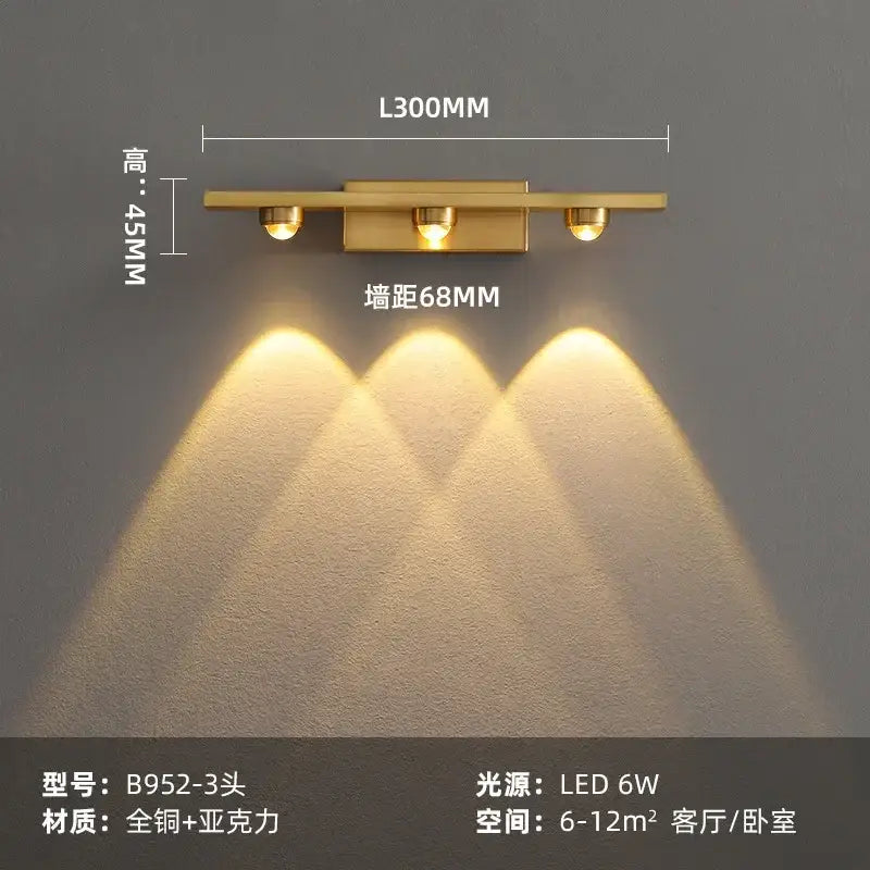 Modern brass copper led wall lamp with gold three-light brass finish and acrylic diffuser for bedroom reading light decorbites copper led