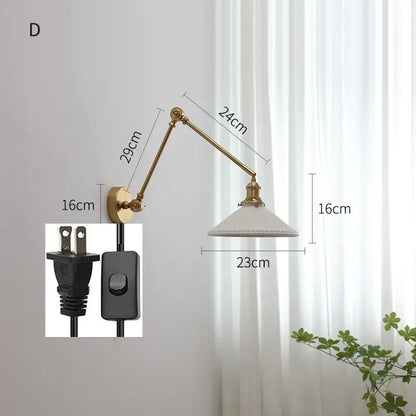 Modern brass copper swing arm wall sconce with a brass finish and white ceramic shade for bedroom decorbites copper swing
