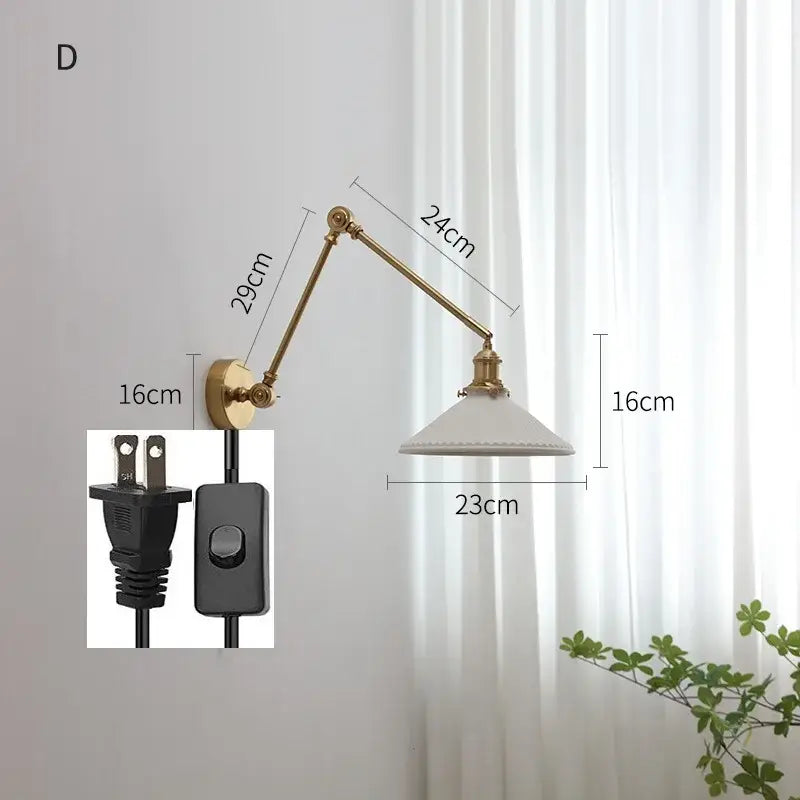 Modern brass copper swing arm wall sconce with a brass finish and white ceramic shade for bedroom decorbites copper swing
