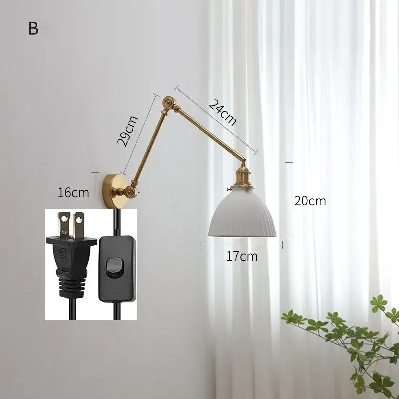 Modern brass copper swing arm wall sconce with brass finish and white ceramic shade for stylish bedroom decorbites copper swing