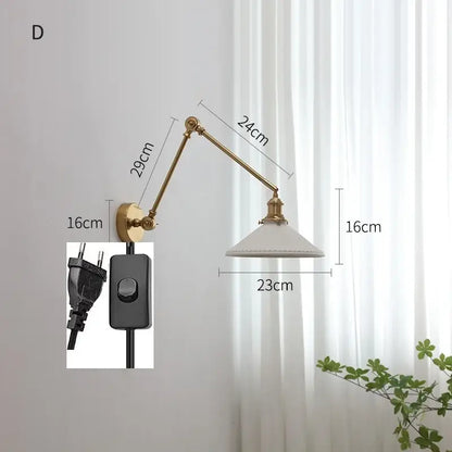 Modern brass copper swing arm wall sconce with brass finish and white ceramic shade for bedroom decorbites copper swing