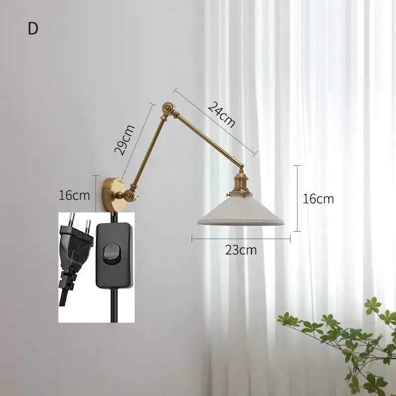 Modern brass copper swing arm wall sconce with brass finish and white ceramic shade for bedroom decorbites copper swing