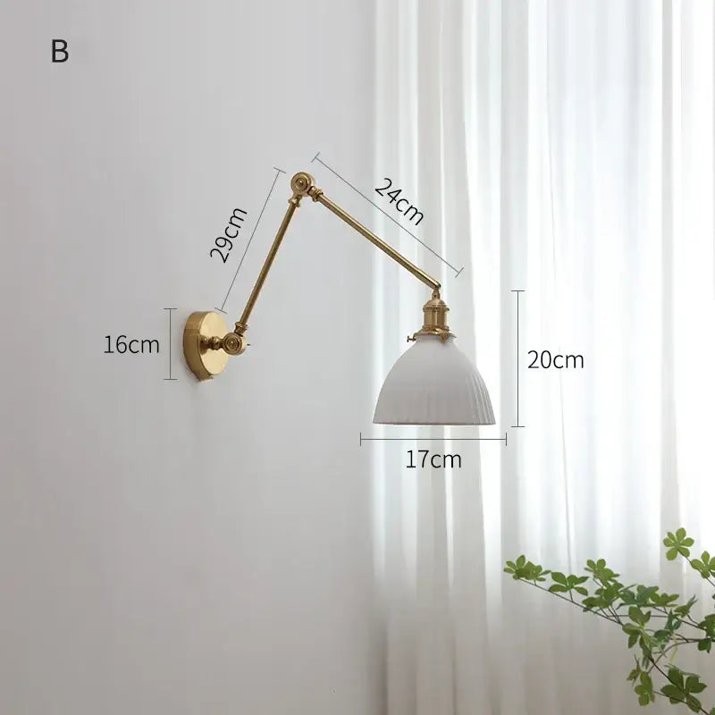 Modern brass copper swing arm wall sconce with adjustable brass finish and white ribbed glass shade for bedroom decorbites copper swing