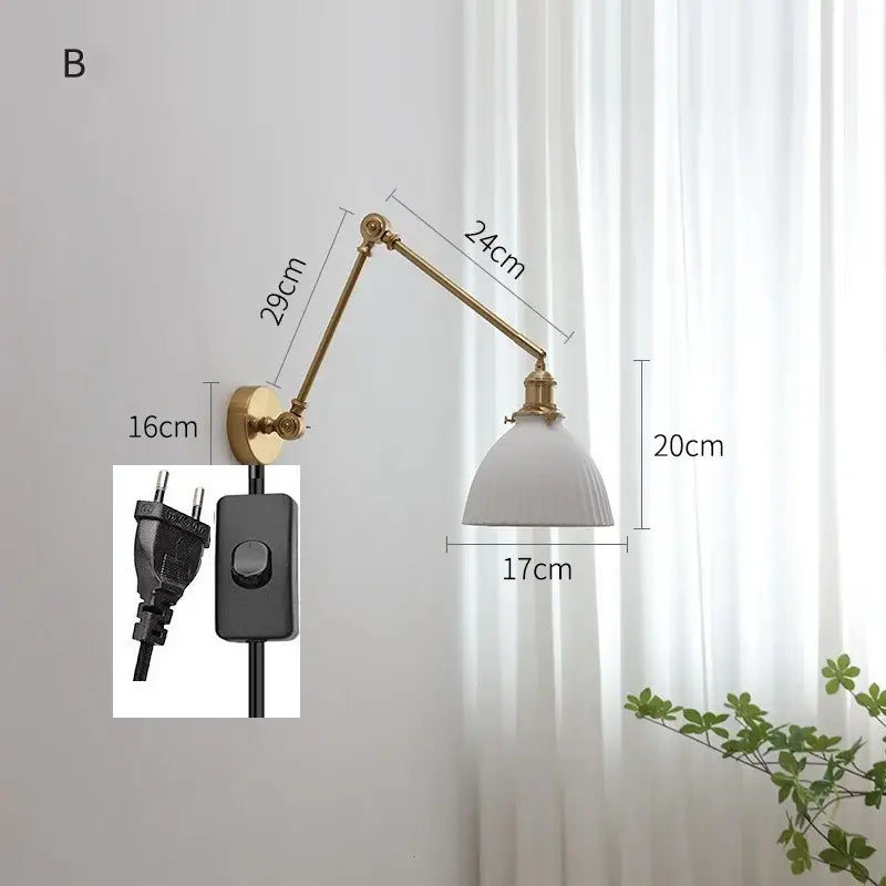 Modern brass copper swing arm wall sconce with brass finish and white ceramic shade for bedroom decorbites copper swing