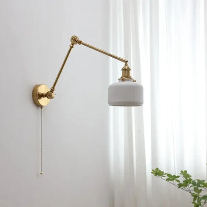 Modern brass copper swing arm wall sconce with gold finish and white ribbed glass shade for bedroom decorbites copper swing