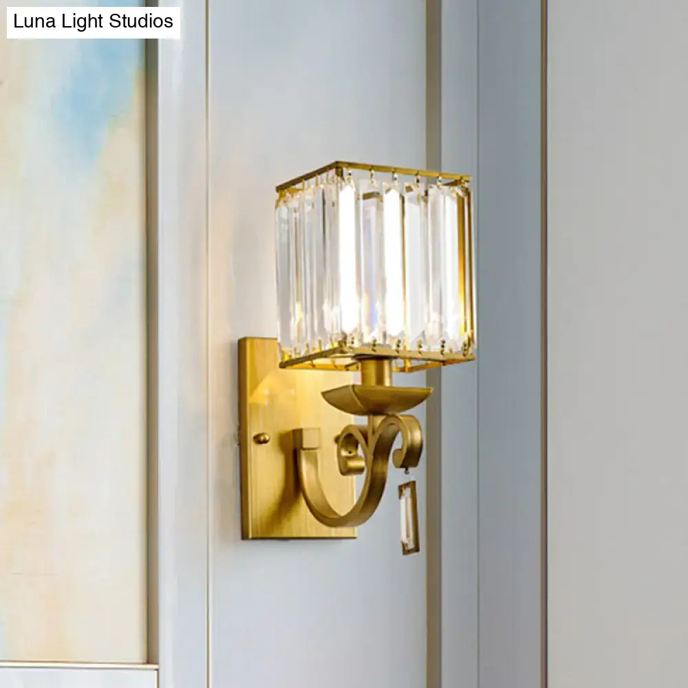 Modern brass crystal block wall light with gold finish rectangular crystal cage and dangling accent e12 e14 inch fixture