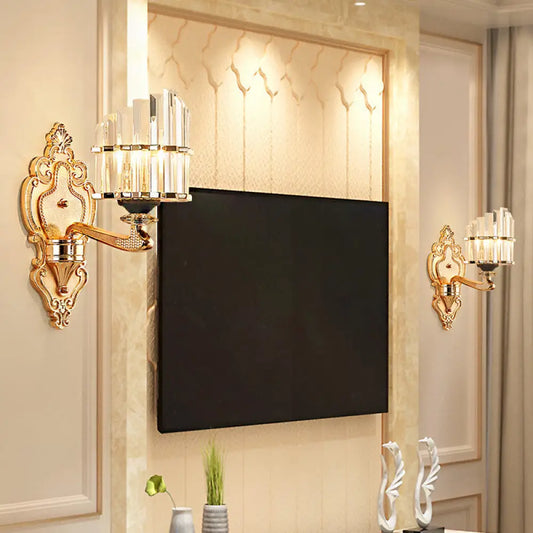DecorBites™ DecorBites™ Modern Brass Crystal Block Wall Light Sconce with Carved Backplate