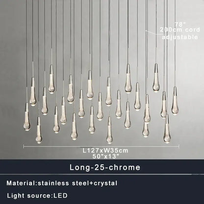 Modern brass crystal ceiling pendant light with 25 teardrop-shaped crystal pendants on stainless steel cords decorbites brass crystal