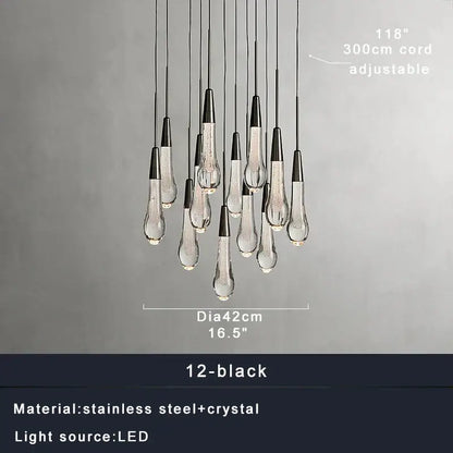 Modern brass crystal ceiling pendant light with 12 teardrop crystal fixtures and black stainless steel caps by decorbites brass crystal