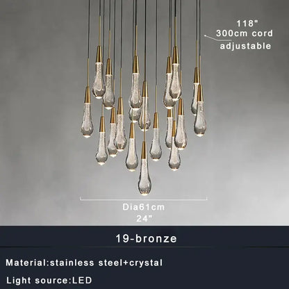 Modern brass crystal ceiling pendant light with teardrop-shaped crystal pendants on bronze-finished cords