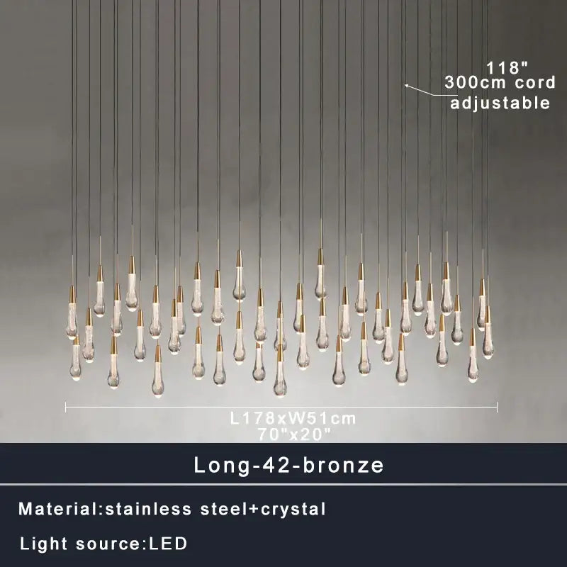 Modern brass crystal ceiling pendant light with bronze finish and 42 crystal teardrop pendants by decorbites